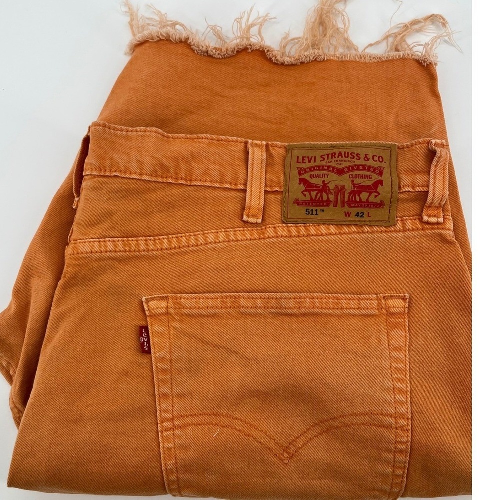 Levi's 511 Cut Off Denim Shorts Mens W42 Orange Slim Fit Frayed Hem Distressed - Picture 8 of 8